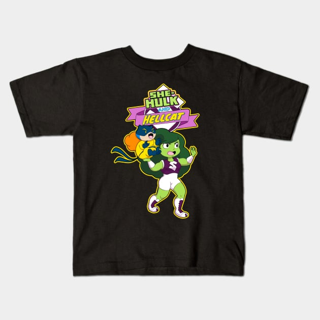 She-Hulk and Hellcat Kids T-Shirt by KrisBrannock